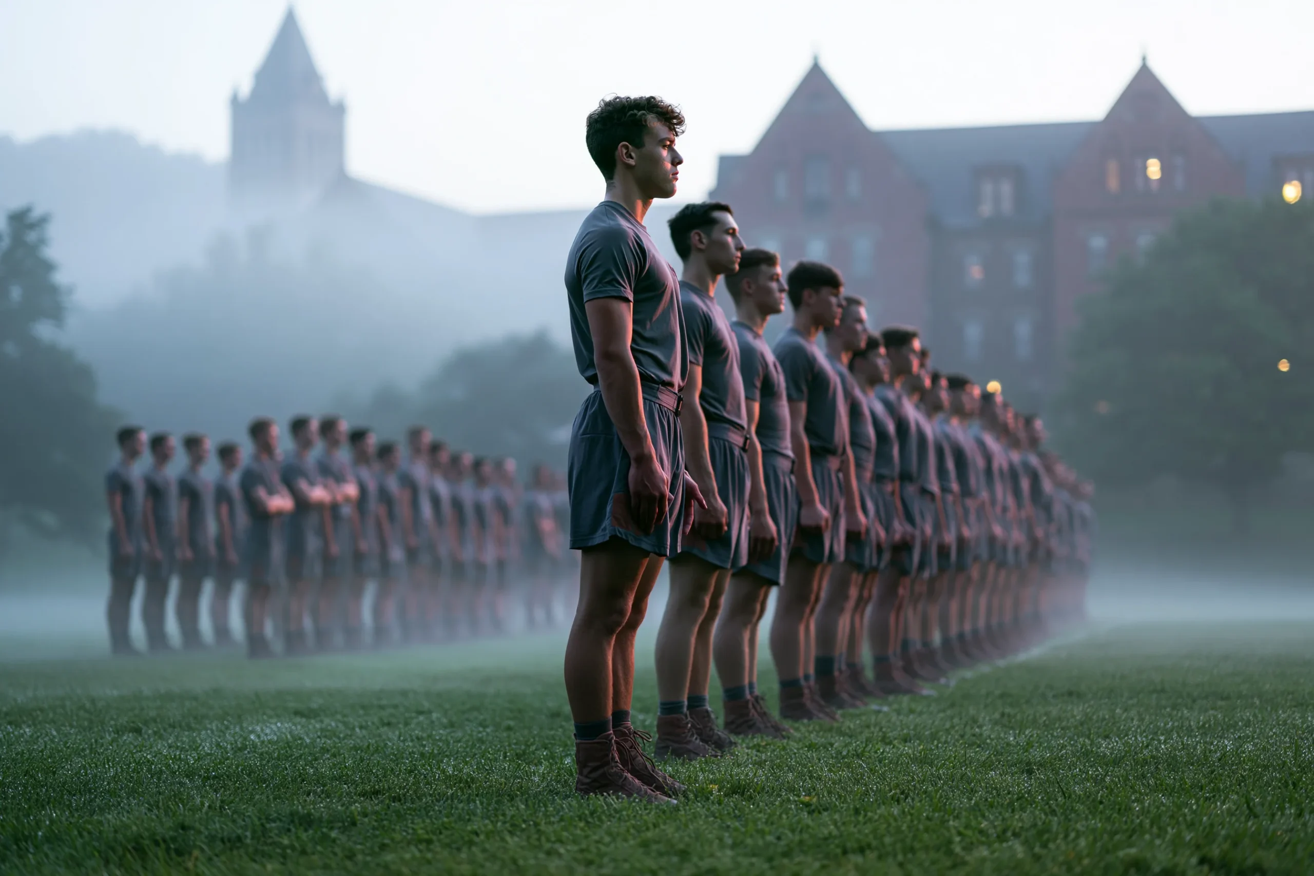 Summer boarding school for boys: FUMA cadets in PT uniform during morning formation on the parade field.