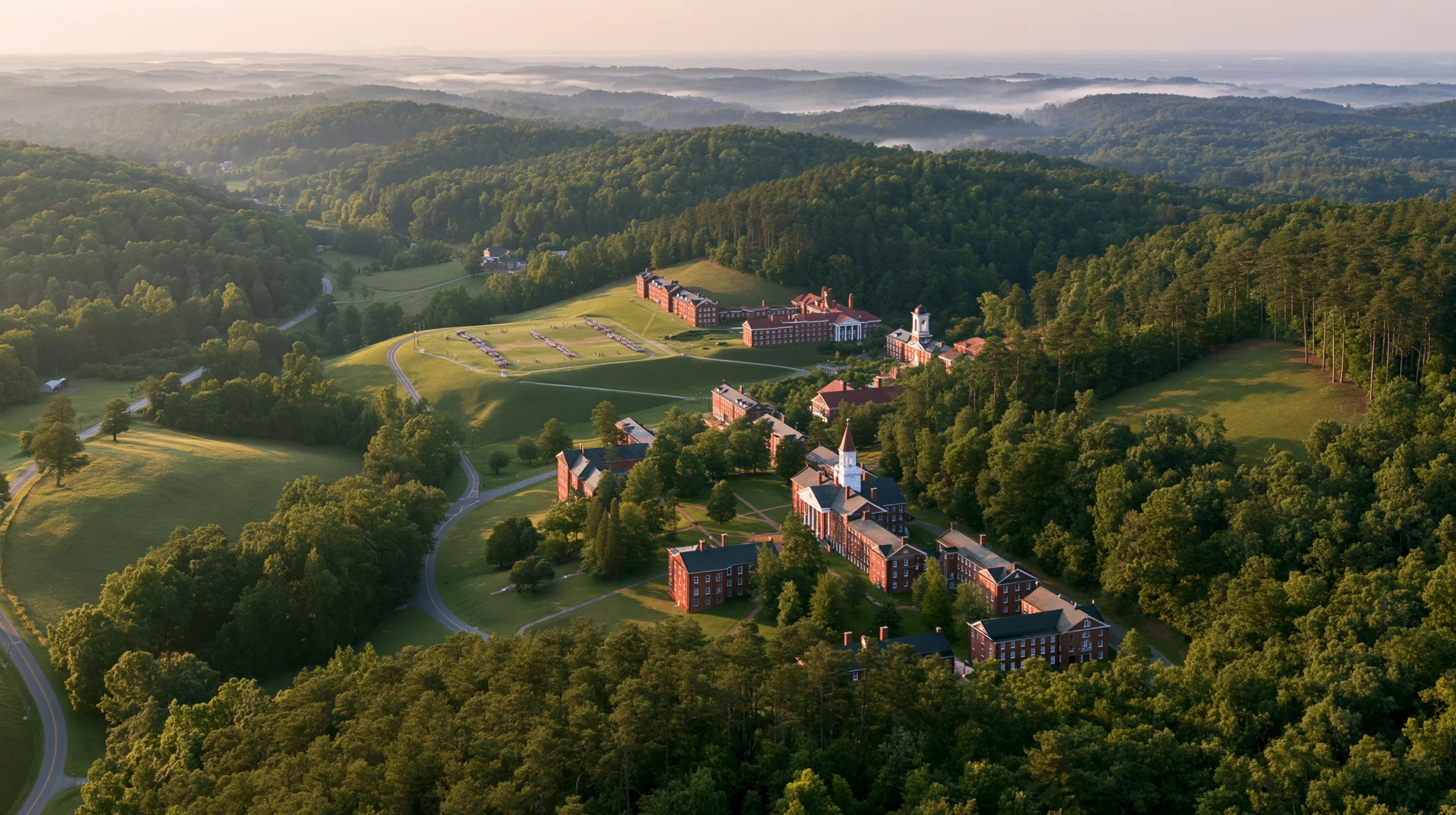 Aerial view of Fork Union Military Academy's 1,100-acre campus in central Virginia at golden hour.