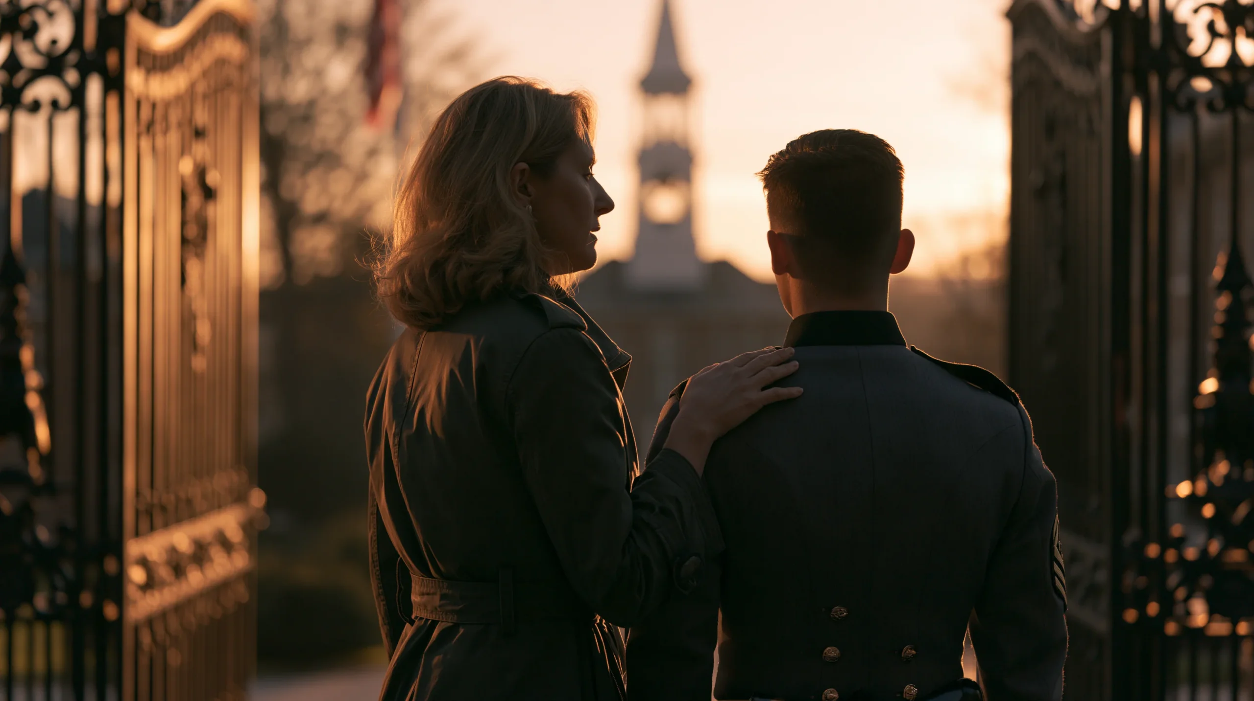 A mother and her cadet son at the front gates of Fork Union Military Academy on the first day of Summer Academy.