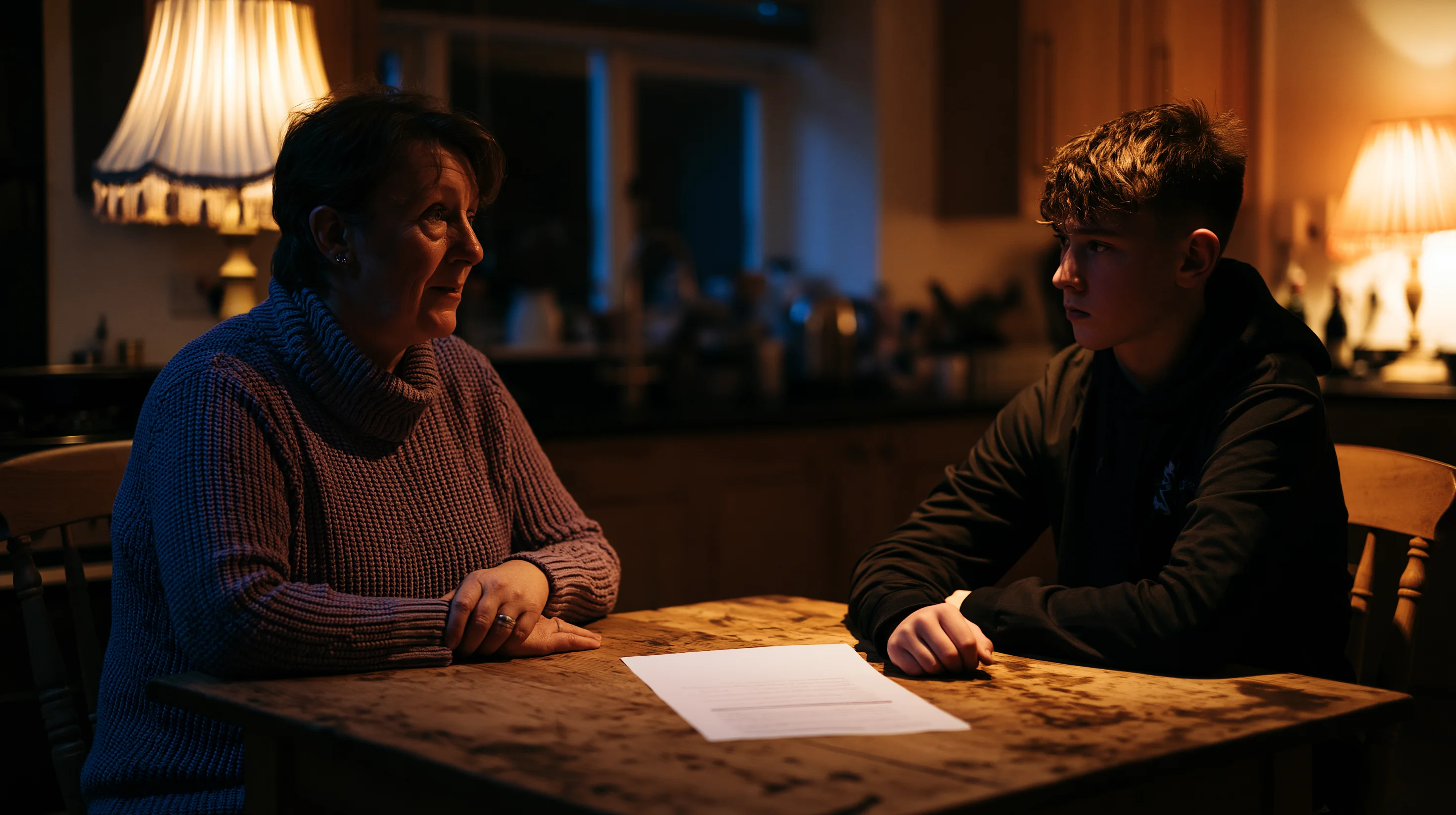 A mother and her teenage son at a kitchen table during the boarding school re-enrollment decision.