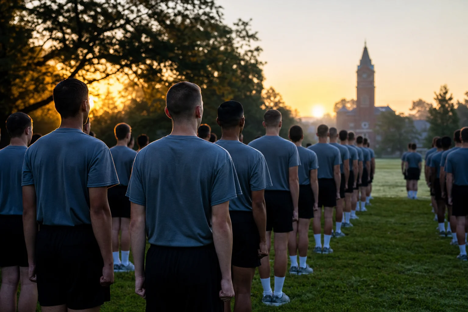 Day in the life military boarding school: FUMA Summer Academy cadets at morning reveille formation.