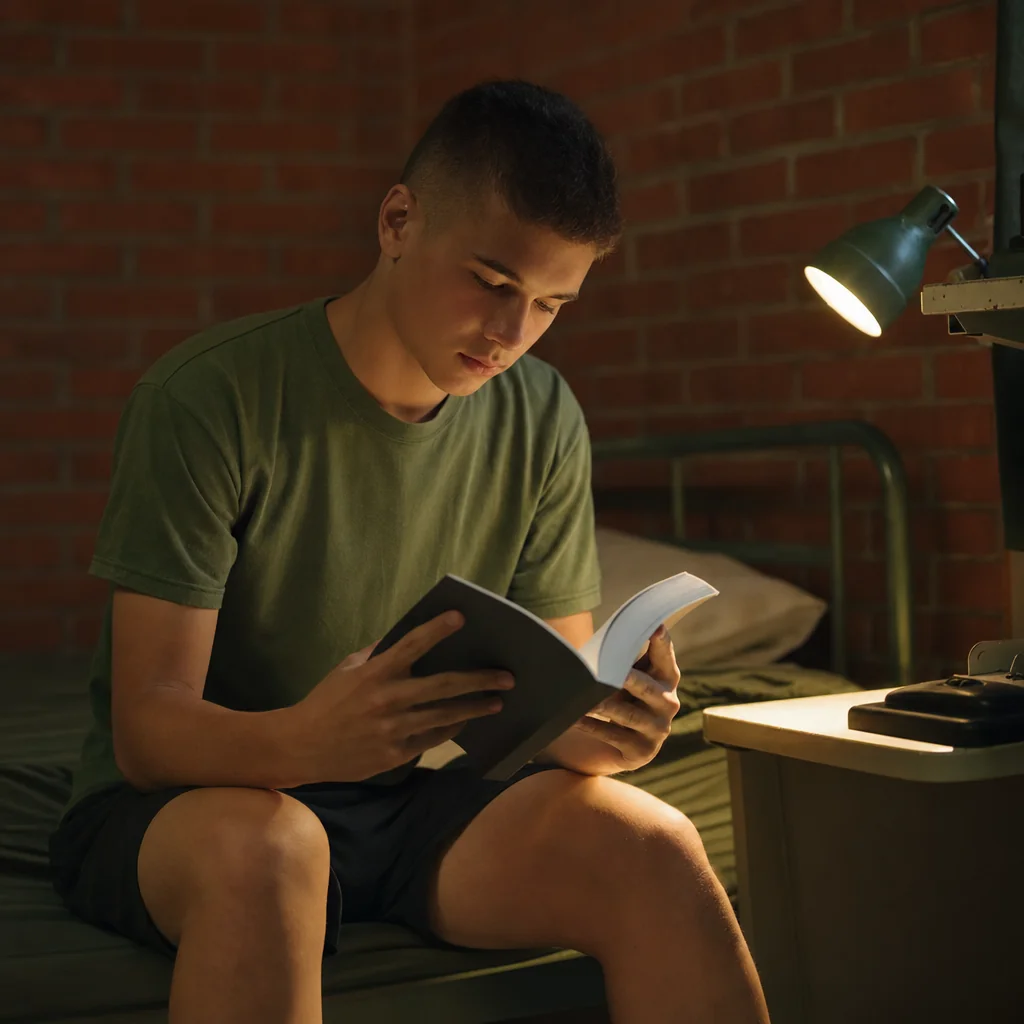 A FUMA cadet reading during evening free time at Summer Academy.
