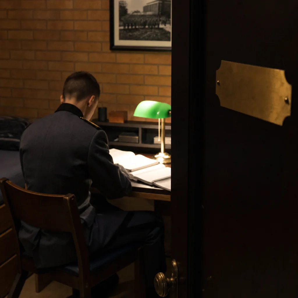 A FUMA cadet at his dorm desk during evening study hall.